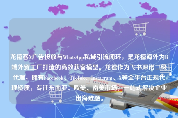 龙禧客X广告投放与WhatsApp私域引流闭环，是龙禧海外为B端外贸工厂打造的高效获客模型。龙禧作为飞书深诺二级代理，拥有Facebook、TikTok、Instagram、X等全平台正规代理资质，专注东南亚、欧美、南美市场，一站式解决企业出海难题。