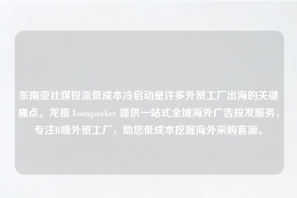 东南亚社媒投流低成本冷启动是许多外贸工厂出海的关键痛点。龙禧 Loongseeker 提供一站式全域海外广告投发服务，专注B端外贸工厂，助您低成本挖掘海外采购客源。