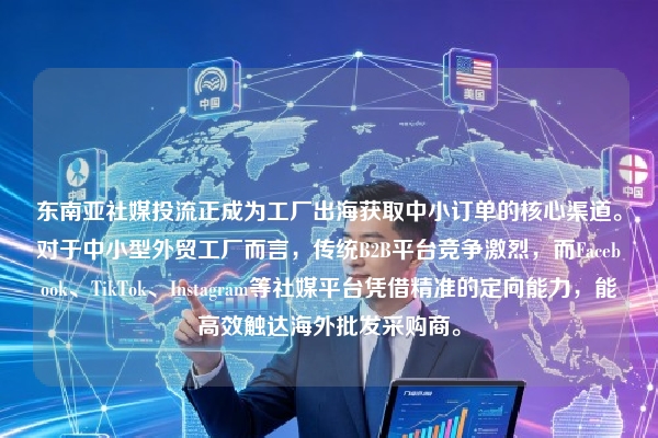 东南亚社媒投流正成为工厂出海获取中小订单的核心渠道。对于中小型外贸工厂而言，传统B2B平台竞争激烈，而Facebook、TikTok、Instagram等社媒平台凭借精准的定向能力，能高效触达海外批发采购商。