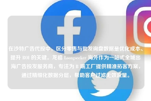 在沙特广告代投中，区分零售与批发询盘数据是优化成本、提升 ROI 的关键。龙禧 Loongseeker 海外作为一站式全域出海广告投发服务商，专注为 B 端工厂提供精准拓客方案，通过精细化数据分层，帮助客户过滤无效流量。