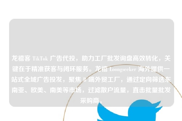 龙禧客 TikTok 广告代投,助力工厂批发询盘高效转化,关键在于精准获客与闭环服务。龙禧 Loongseeker 海外提供一站式全域广告投发,聚焦 B 端外贸工厂,通过定向筛选东南亚、欧美、南美等市场,过滤散户流量,直击批量批发采购商。